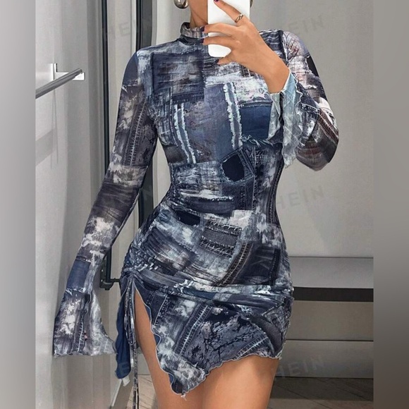 Denim Print Mock Neck Mini Dress - Picture 2 of 4